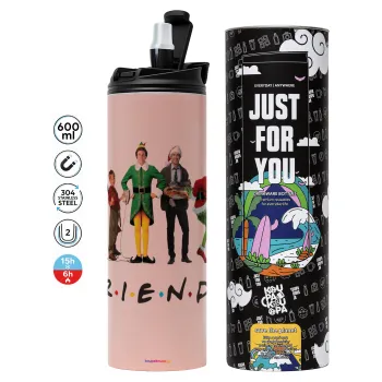 Christmas FRIENDS, Tumbler ποτήρι θερμό ΡΟΖ από ανοξείδωτο ατσάλι 600ml