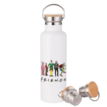 Christmas FRIENDS, Stainless steel White with wooden lid (bamboo), double wall, 750ml