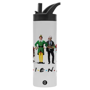 Christmas FRIENDS, Metallic thermos bottle with straw & handle, stainless steel (Stainless steel 304), double-walled, 600ml.