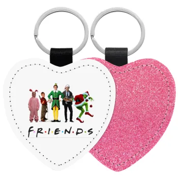 Christmas FRIENDS, Μπρελόκ PU δερμάτινο glitter καρδιά ΡΟΖ