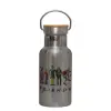 Stainless steel metallic thermos flask, silver with a bamboo lid, double-walled, 350ml.
