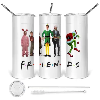 Christmas FRIENDS, Tumbler ποτήρι θερμό από ανοξείδωτο ατσάλι 600ml, με μεταλλικό καλαμάκι & βούρτσα καθαρισμού
