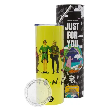 Christmas FRIENDS, Neon Yellow Travel Tumbler θερμό, μεταλλικό καλαμάκι(Ανωξείδωτο 304 Food grade, BPA free, 600ml)
