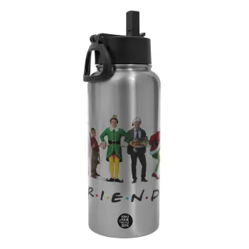 Christmas FRIENDS, Metal mug thermo Silver with Straw and Spout Lid (Stainless steel), double wall, 950ml