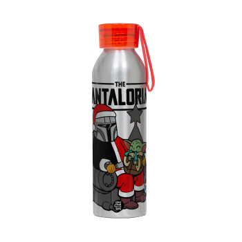 Star Wars Santalorian, Αλουμινένιο Αθλητικό Μπουκάλι 650ml – Ασημί με Κόκκινο Καπάκι και Λουράκι Σιλικόνης