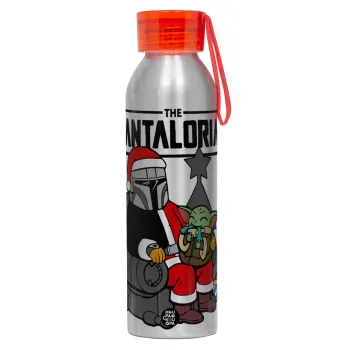 Star Wars Santalorian, Αλουμινένιο Αθλητικό Μπουκάλι 650ml – Ασημί με Κόκκινο Καπάκι και Λουράκι Σιλικόνης
