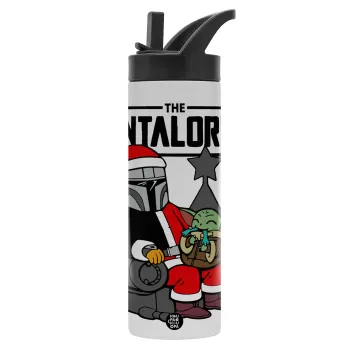 Star Wars Santalorian, Metallic thermos bottle with straw & handle, stainless steel (Stainless steel 304), double-walled, 600ml.