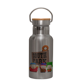 South Park, Stainless steel metallic thermos flask, silver with a bamboo lid, double-walled, 350ml.