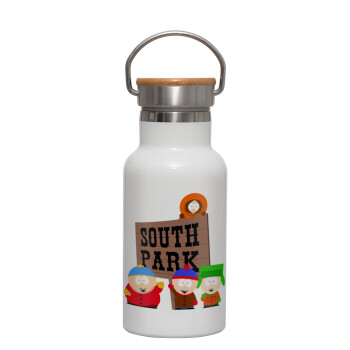 South Park, Μεταλλικό παγούρι θερμός (Stainless steel) Λευκό με ξύλινο καπακι (bamboo), διπλού τοιχώματος, 350ml