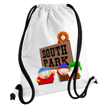 South Park, Τσάντα πλάτης πουγκί GYMBAG λευκή, με τσέπη (40x48cm) & χονδρά κορδόνια