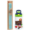 Easter Set, Children's thermal stainless steel bottle with safety straw, green/blue (350ml) & aromatic flat Easter candle (30cm) (TURQUOISE)