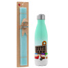 Easter Set, Metallic green/white thermos (Stainless steel), double-walled, 500ml & scented flat Easter candle (30cm) (TURQUOISE)