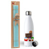 Easter Set, metallic stainless steel water bottle (750ml) & aromatic flat Easter candle (30cm) (TURQUOISE)