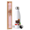 Easter Set, metallic stainless steel water bottle (750ml) & scented flat Easter candle (30cm) (PINK)