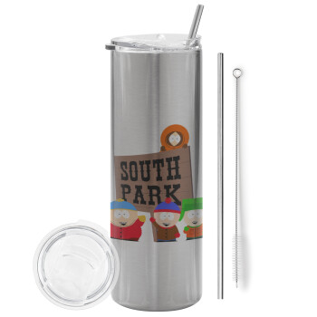 South Park, Eco friendly ποτήρι θερμό Ασημένιο (tumbler) από ανοξείδωτο ατσάλι 600ml, με μεταλλικό καλαμάκι & βούρτσα καθαρισμού