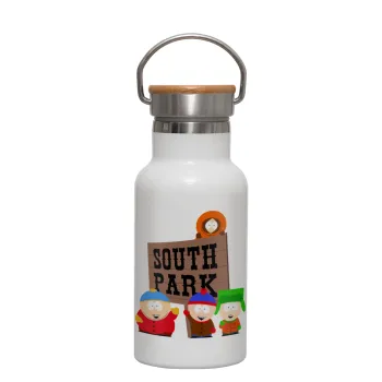 South Park, Μεταλλικό παγούρι θερμός (Stainless steel) Λευκό με ξύλινο καπακι (bamboo), διπλού τοιχώματος, 350ml