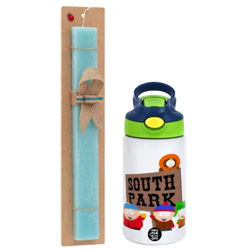 South Park, Easter Set, Children's thermal stainless steel bottle with safety straw, green/blue (350ml) & aromatic flat Easter candle (30cm) (TURQUOISE)