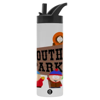 South Park, Μεταλλικό παγούρι θερμός με καλαμάκι & χειρολαβή, ανοξείδωτο ατσάλι (Stainless steel 304), διπλού τοιχώματος, 600ml