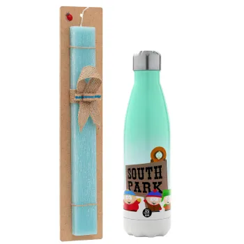 South Park, Easter Set, Metallic green/white thermos (Stainless steel), double-walled, 500ml & scented flat Easter candle (30cm) (TURQUOISE)