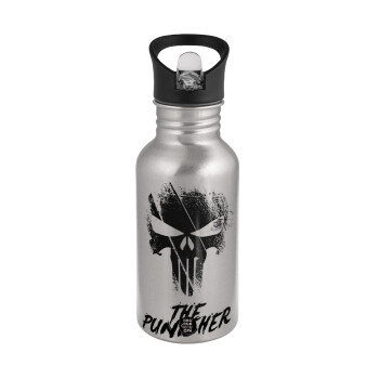 The punisher, Water bottle Silver with straw, stainless steel 500ml