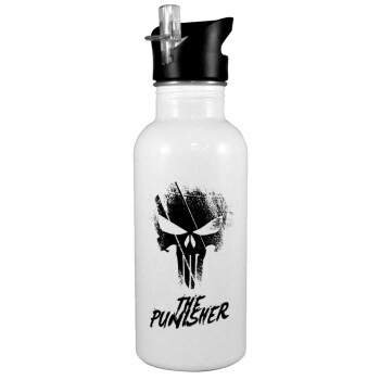 The punisher, White water bottle with straw, stainless steel 600ml