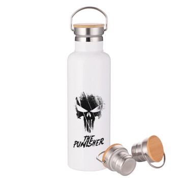 The punisher, Stainless steel White with wooden lid (bamboo), double wall, 750ml