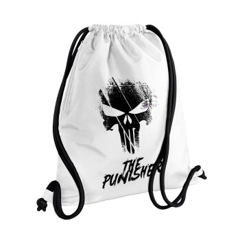 The punisher, Τσάντα πλάτης πουγκί GYMBAG λευκή, με τσέπη (40x48cm) & χονδρά κορδόνια