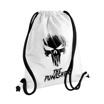 The punisher, Backpack pouch GYMBAG white, with pocket (40x48cm) & thick cords