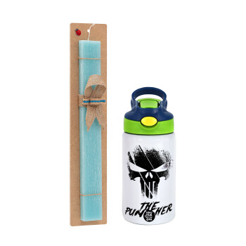 The punisher, Easter Set, Children's thermal stainless steel bottle with safety straw, green/blue (350ml) & aromatic flat Easter candle (30cm) (TURQUOISE)