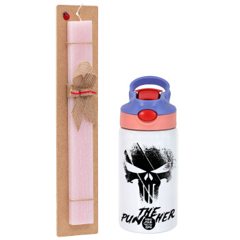 The punisher, Easter Set, Children's thermal stainless steel water bottle with safety straw, pink/purple (350ml) & Easter scented flat candle (30cm) (PINK)