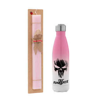 The punisher, Easter Set, Metallic pink/white (Stainless steel) thermos, double-walled, 500ml & aromatic flat Easter candle (30cm) (PINK)