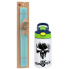Easter Set, Children's thermal stainless steel bottle with safety straw, green/blue (350ml) & aromatic flat Easter candle (30cm) (TURQUOISE)