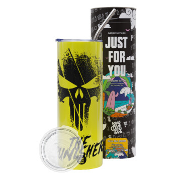 The punisher, Neon Yellow Travel Tumbler θερμό, μεταλλικό καλαμάκι(Ανωξείδωτο 304 Food grade, BPA free, 600ml)