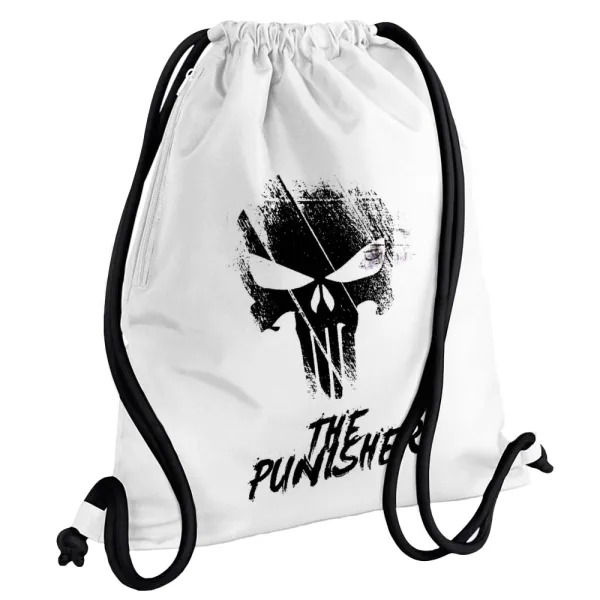 The punisher — Backpack pouch GYMBAG white, with pocket (40x48cm) & thick cords
