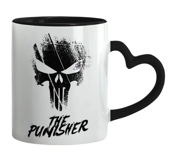 The punisher — Mug heart black handle, ceramic, 330ml