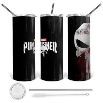 The punisher, Tumbler stainless steel 600ml, with metal straw & cleaning brush