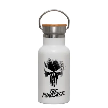 The punisher, Μεταλλικό παγούρι θερμός (Stainless steel) Λευκό με ξύλινο καπακι (bamboo), διπλού τοιχώματος, 350ml