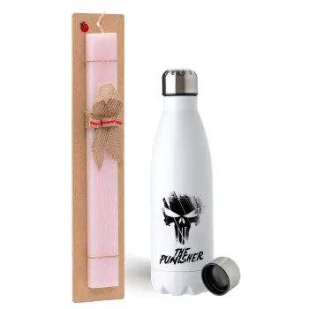 The punisher, Easter Set, metallic stainless steel water bottle (750ml) & scented flat Easter candle (30cm) (PINK)