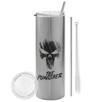 The punisher, Tumbler ποτήρι θερμό Ασημένιο από ανοξείδωτο ατσάλι 600ml, με μεταλλικό καλαμάκι & βούρτσα καθαρισμού