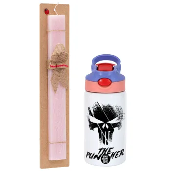The punisher, Easter Set, Children's thermal stainless steel water bottle with safety straw, pink/purple (350ml) & Easter scented flat candle (30cm) (PINK)