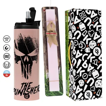 The punisher, Easter candle,Travel Tumbler 2 Lids, with metal straw & cleaning brush & aromatic flat candle (30cm) (PINK)