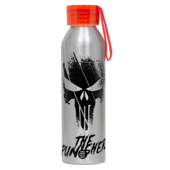 The punisher, Αλουμινένιο Αθλητικό Μπουκάλι 650ml – Ασημί με Κόκκινο Καπάκι και Λουράκι Σιλικόνης