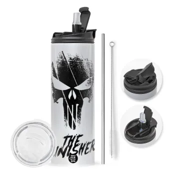 The punisher, Travel Tumbler θερμό με διπλό καπάκι, μεταλλικό καλαμάκι και βούρτσα καθαρισμού (Ανωξείδωτο 304 Food grade, BPA free, 600ml)