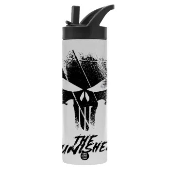 The punisher, Μεταλλικό παγούρι θερμός με καλαμάκι & χειρολαβή, ανοξείδωτο ατσάλι (Stainless steel 304), διπλού τοιχώματος, 600ml