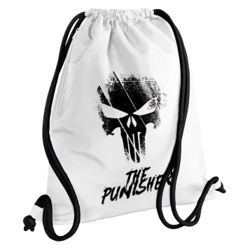 The punisher, Τσάντα πλάτης πουγκί GYMBAG λευκή, με τσέπη (40x48cm) & χονδρά κορδόνια