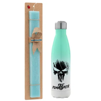 The punisher, Πασχαλινή Λαμπάδα με Μεταλλικό παγούρι θερμός Πράσινο/Λευκό (Stainless steel), διπλού τοιχώματος, 500ml & κερί αρωματικό πλακέ (30cm) (ΤΙΡΚΟΥΑΖ)