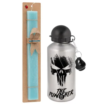 The punisher, Easter Set, metallic silver aluminum water bottle (500ml) & scented flat Easter candle (30cm) (TURQUOISE)