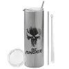 Tumbler ποτήρι θερμό Ασημένιο από ανοξείδωτο ατσάλι 600ml, με μεταλλικό καλαμάκι & βούρτσα καθαρισμού
