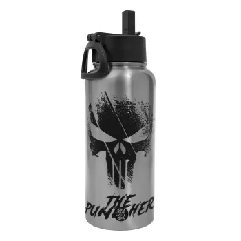 The punisher, Metal mug thermo Silver with Straw and Spout Lid (Stainless steel), double wall, 950ml
