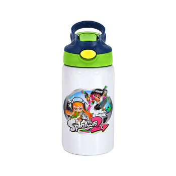 Splatoon 2, Children's hot water bottle, stainless steel, with safety straw, green, blue (350ml)